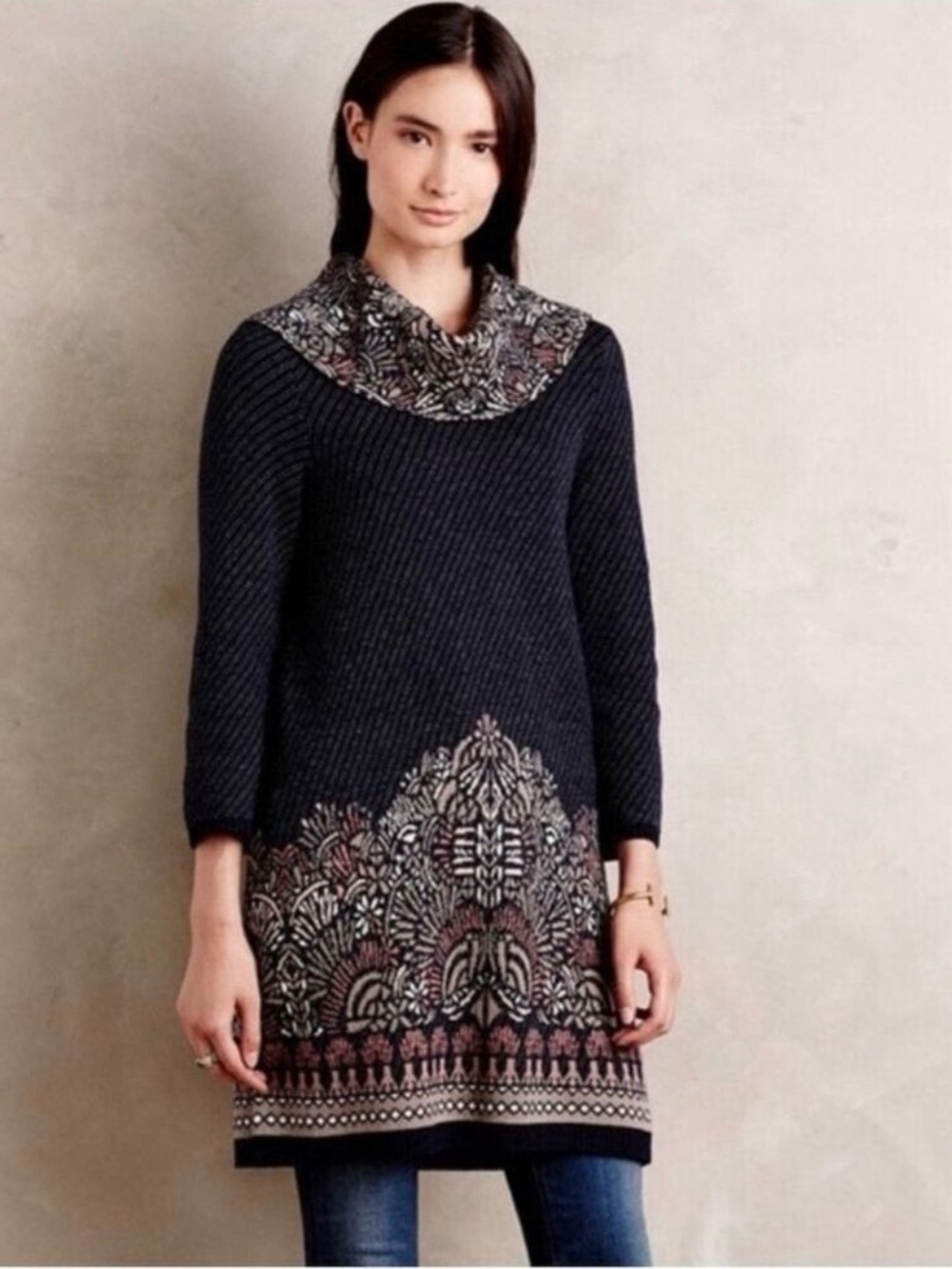 Anthropologie Moth Imperial Tunic Sweater Dress Size Medium Navy Blue
